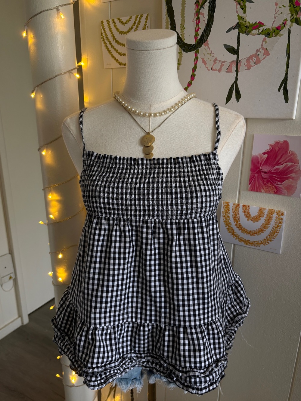 Smocked Gingham Spaghetti Strap Tank Top - Black/White